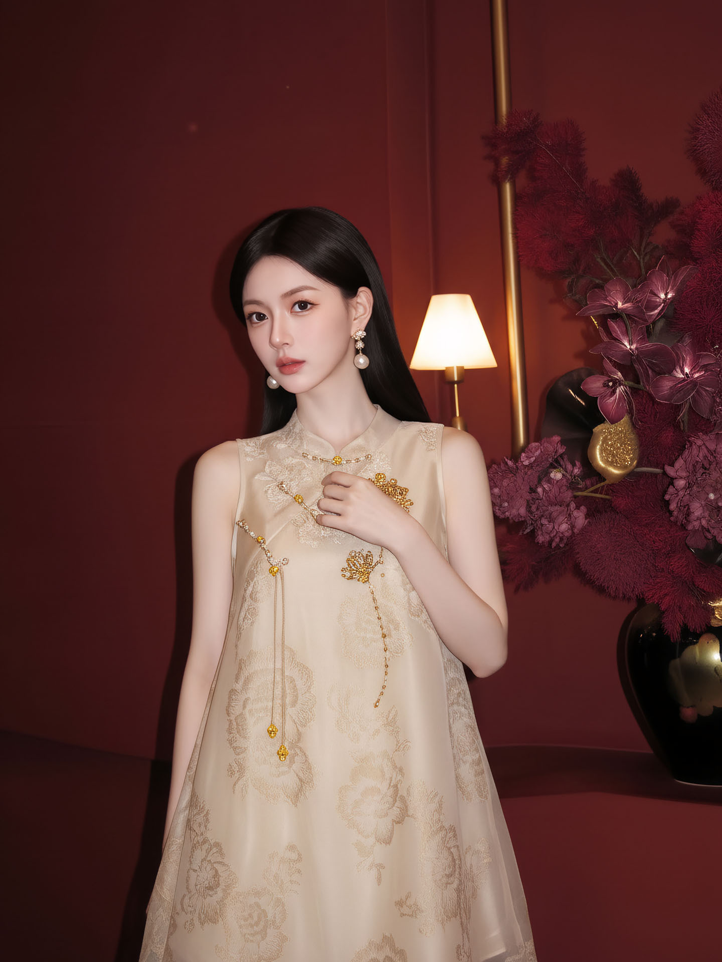 Đầm maxi nữ thắt eo thiết kế cổ điển họa tiết hoa nổi — Gừng
