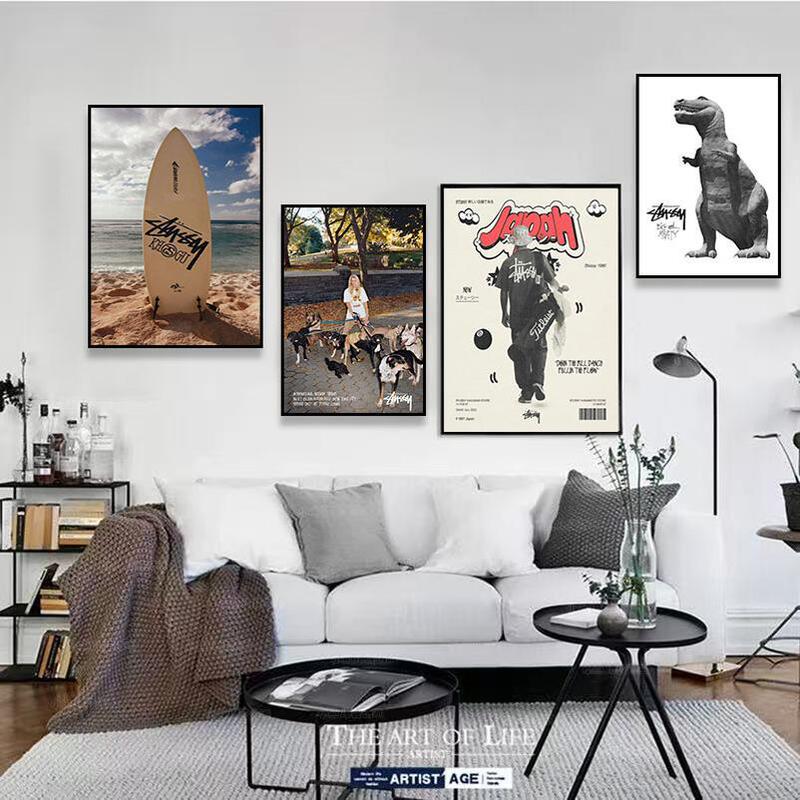 Stussy Retro Trendyy Decorative Painting Living Room Bedroom Personalized Hanging Painting Trendy Brand Studio Street Art Mural