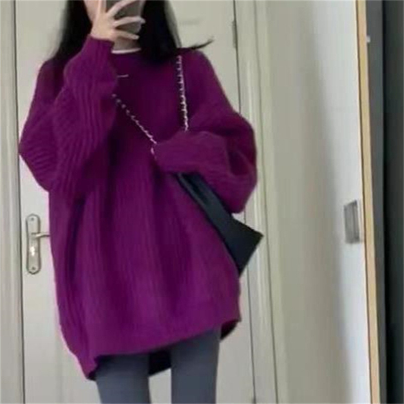 2023 otoño y el invierno nuevo púrpura cuello redondo suéter femenino flojo viento perezoso suave cera sudadera superior desgaste exterior