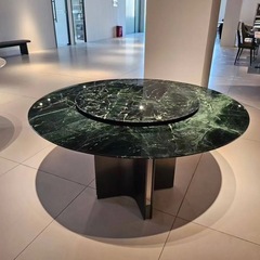 天然大花绿奢石圆餐桌意式轻奢高级感家用客厅天然大理石圆形餐桌