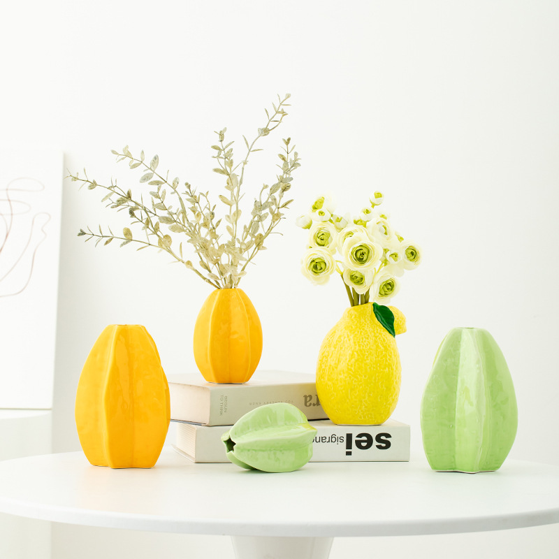 读途创意柠檬杨桃仿真水果陶瓷小花瓶客厅餐桌高级感插花装饰摆件