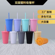 跨境现代简约橡胶漆纯色水杯网红磨砂卡通便携咖啡杯双层塑料杯