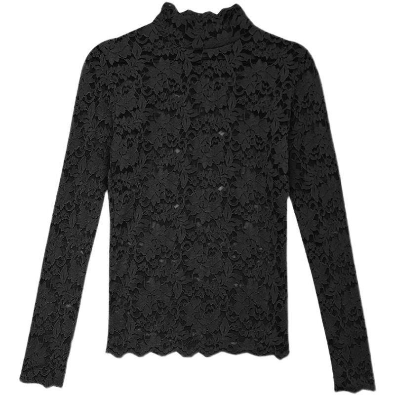 Haut col montant en dentelle transparente – Chemisier élégant à découpes florales et manches pétales (M-XXL, blanc/noir/nude, polyvalent du bureau au dîner)_voghion.com