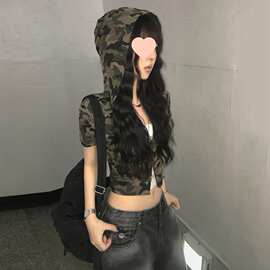 韩系街头夏季拉链修身显瘦迷彩短袖连帽T恤开衫短上衣图片色磨毛