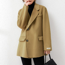 雙面羊絨西裝外套女2022年新款春秋設計感氣質寬松中長款毛呢大衣