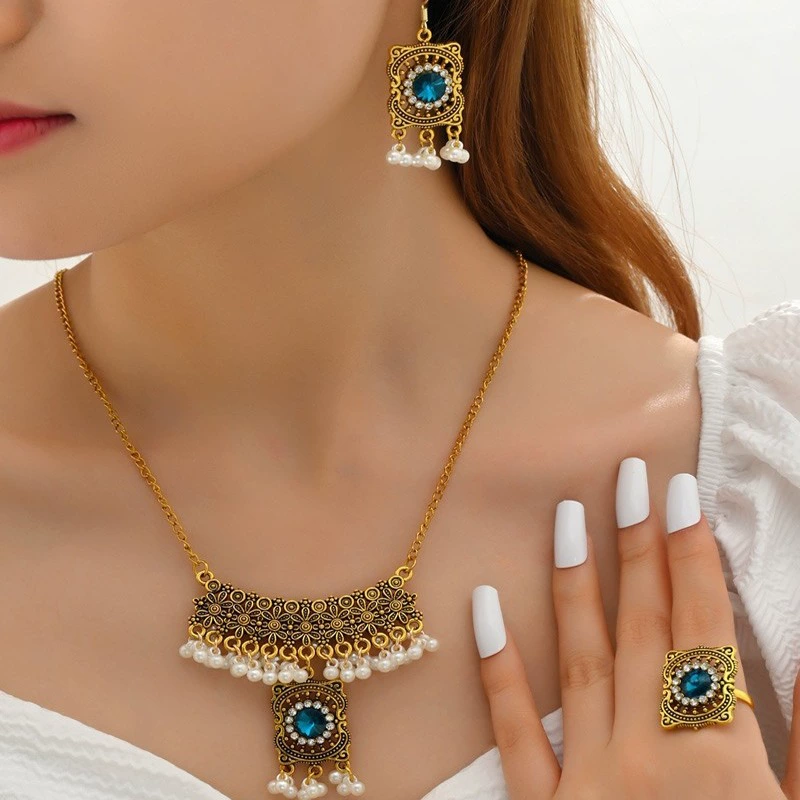 Ethnic fashionable retro necklace from pearl with tassels, earrings, ring, set, boho style, ethnic style, with gem