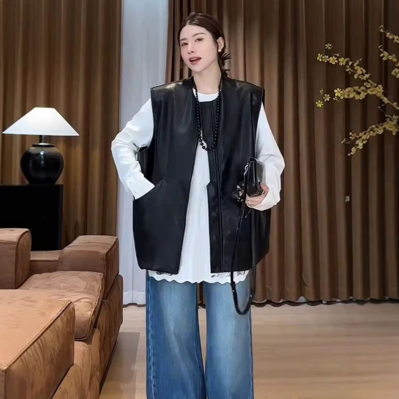 2026 Spring New Style Leather Vest for Women, Simple Work Clothing, Large Size Loose Vest, Couple Jacket, Black Leather Vest 2026 Spring New Style Leather Vest for Women, Simple Work Clothing, Large Size Loose Vest, Couple Jacket, Black Leather Vest