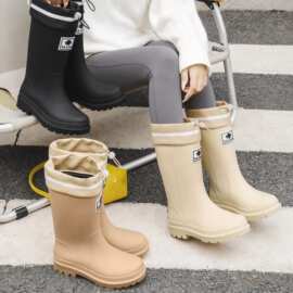 新款时尚短雨靴子女士户外徒步保暖防水厚底跨境休闲束口中筒雨鞋
