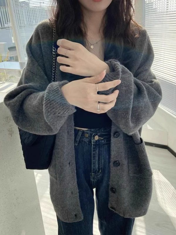 灰色秋冬新款宽松慵懒风毛衣外套学院风大码扣子软糯针织开衫女厚|undefined