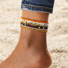 韩版美拉德色系米珠多层叠戴脚链民族风手工串珠百搭脚环脚饰批发