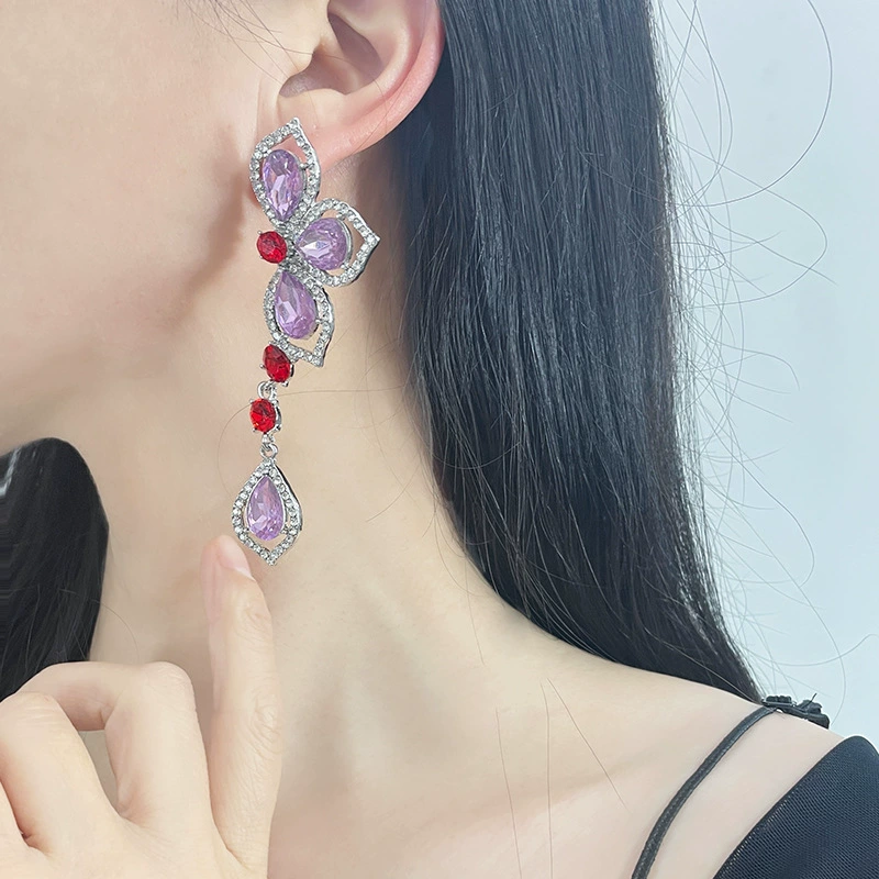 Фиолетовая серебряная игла, кристальные серьги, маленькие дизайнерские серьги, стиль легкой роскоши, стиль высокого качества