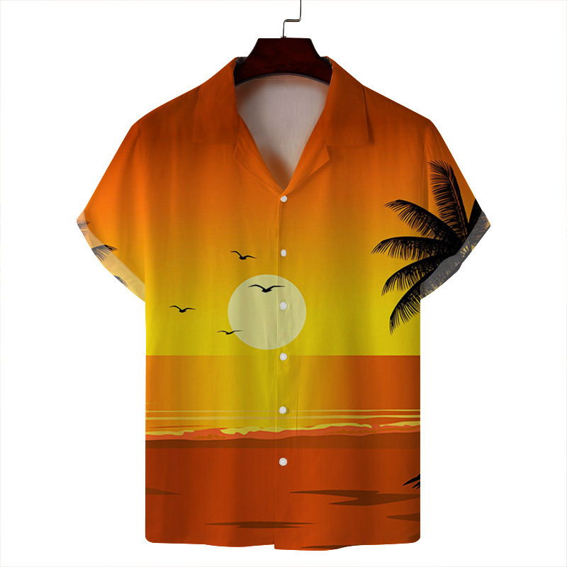 2024 verano hombre delgado casual cuello cubano moda cara hawaiana elástica camisa de manga corta con estampado digital 3D