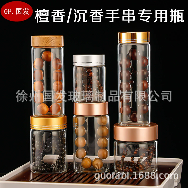 Высококачественный браслет из агарового дерева/сандалового дерева, высокоборосиликатное стекло, широкая бутылка с розовым деревом, банка для хранения бусин Будды, прозрачная печать