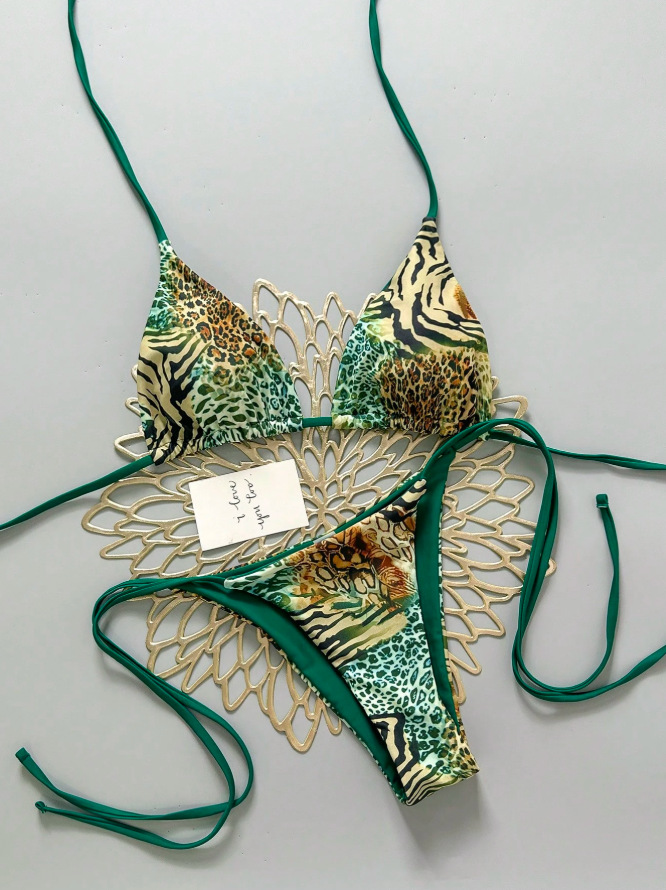 Women's Sexy Leopard Print Bikini Swimsuit Three Piece Tight Fit Halter Neck Two Piece Swimwear_ecoleips.com
