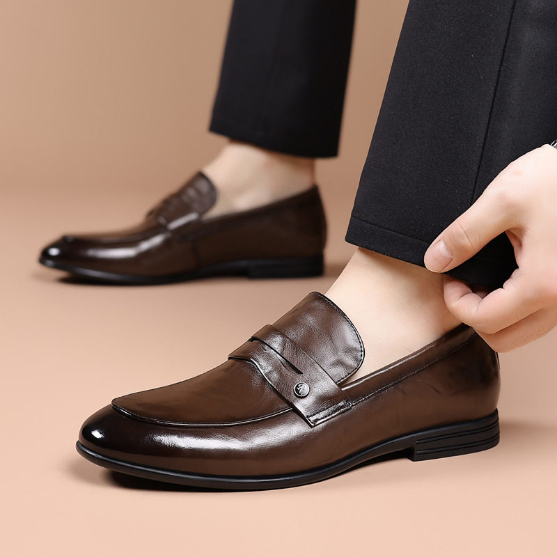 Giày lười nam da bò thật mũi nhọn, đế bằng gót thấp, kiểu xỏ chân thoải mái — Màu nâu, màu đen