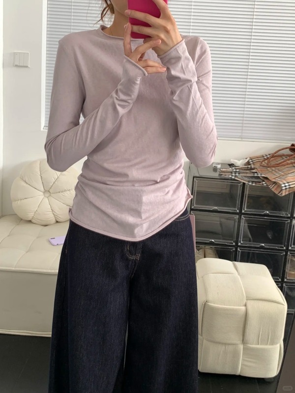 时尚百搭甜美外穿正肩收腰长袖T恤女春秋季修身上衣薄款防晒罩衫|undefined