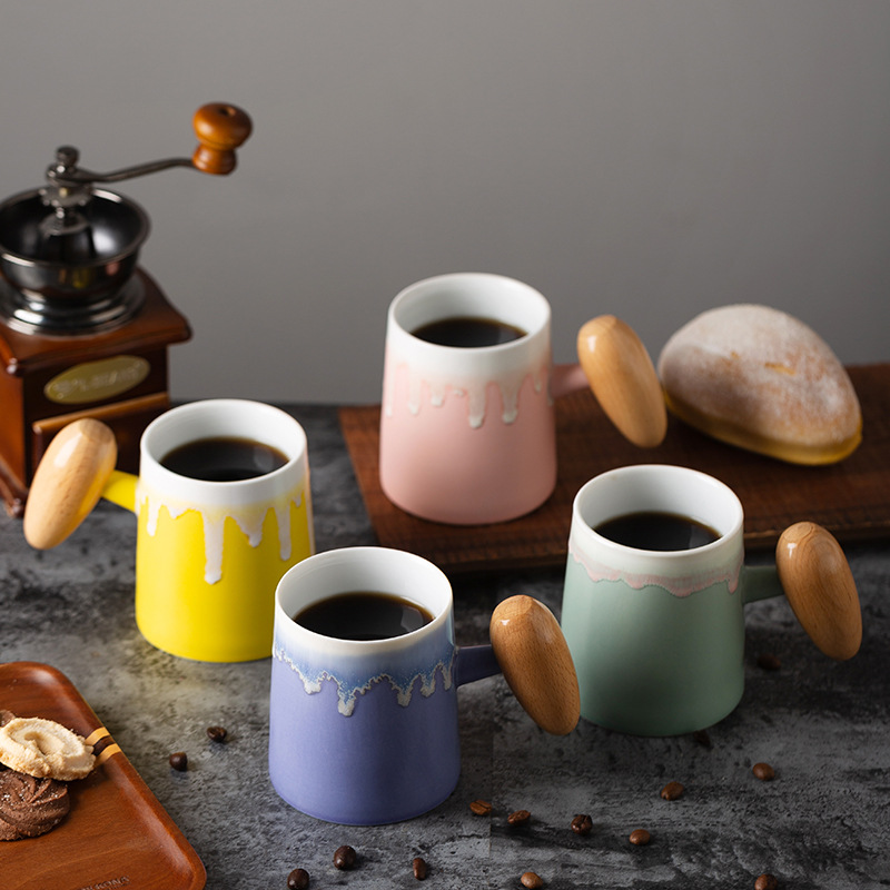Taza de café con asa de madera retro minimalista nórdico, microondas de cerámica, taza de desayuno, taza de leche, taza, par de tazas