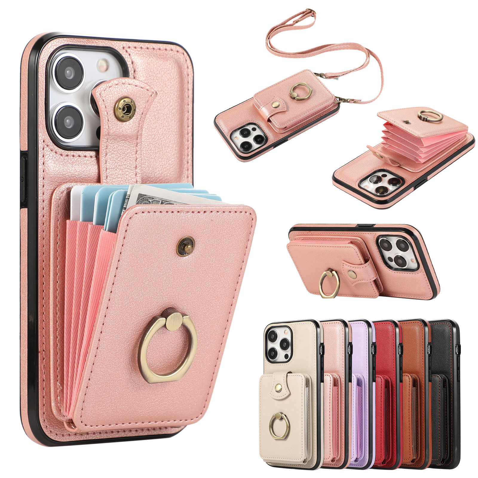 Suitable for iPhone 15 PRO ring buckle accordion case, Samsung S24U crossbody wallet card insertion phone case_voghion.com