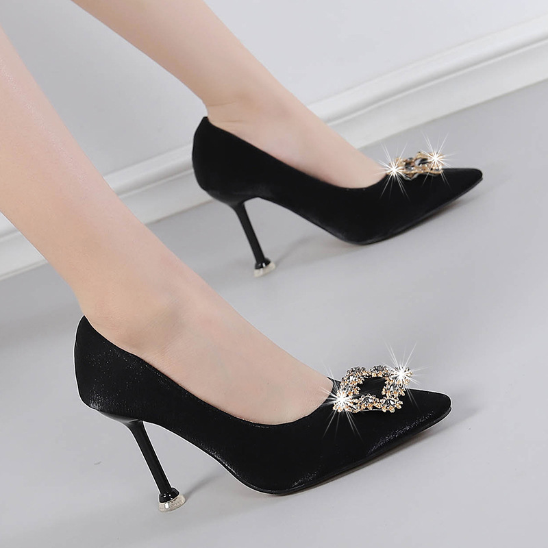 Large Size 35-42 Banquet High Heels, Stiletto Heel, Suede Pointed Toe, Side Cutout, Metal Rhinestone Buckle, Ultra-High Heel, Single Style