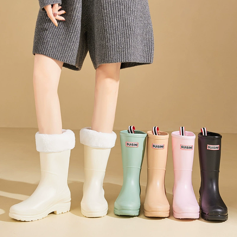 Трансграничные резиновые сапоги, женские модные однотонные резиновые сапоги до середины икры, универсальная верхняя одежда, нескользящая теплая Водная обувь на флисовой подкладке, кухонная Рабочая обувь