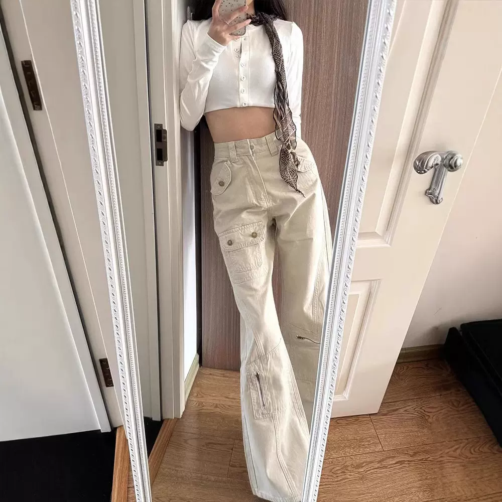 大码美式多口袋工装牛仔裤女春季胖mm设计感高腰直筒微喇叭阔腿裤