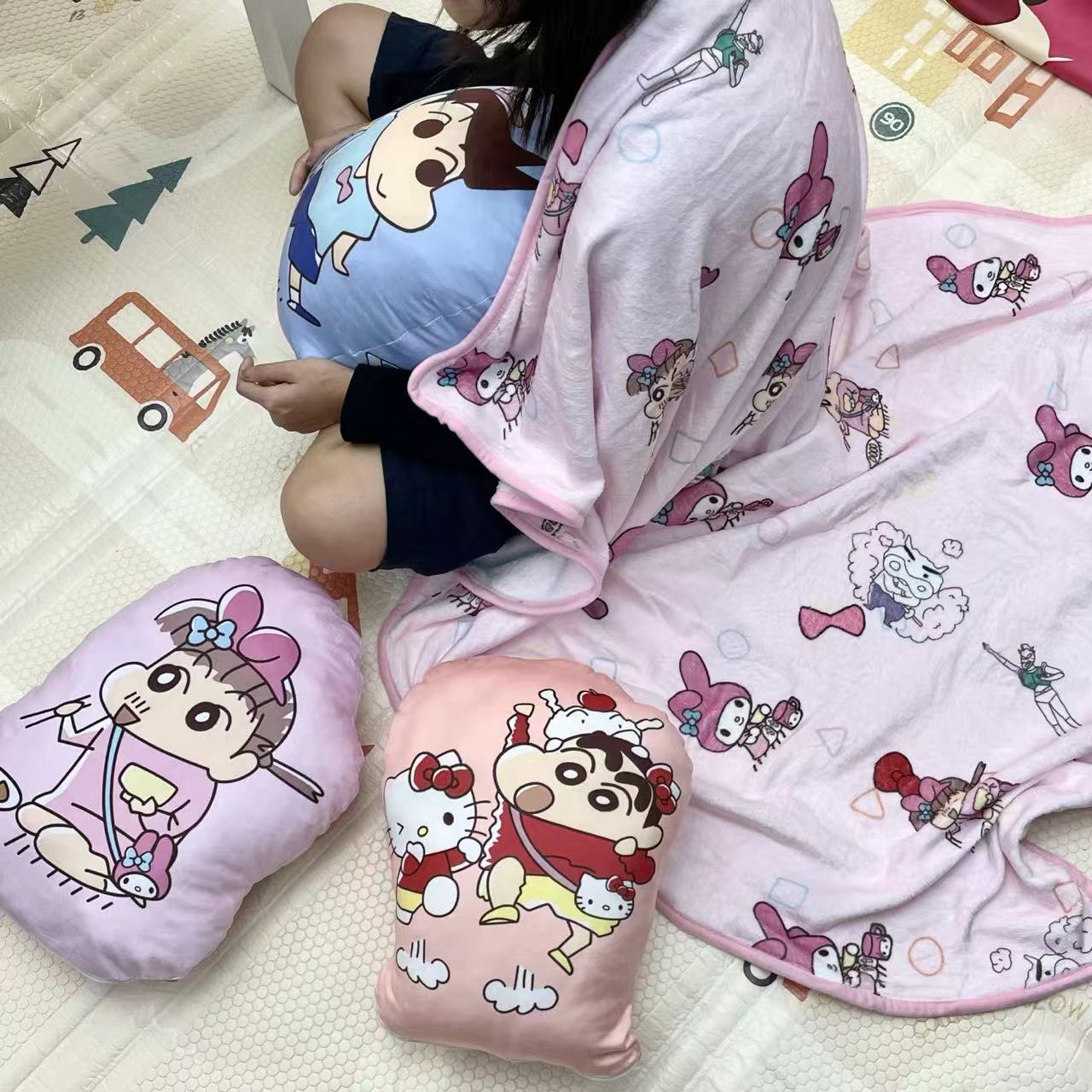 귀여운 만화 크레용 작은 새 시리즈 2 대 1 담요 가방 허리 베개 낮잠 담요 사계절
