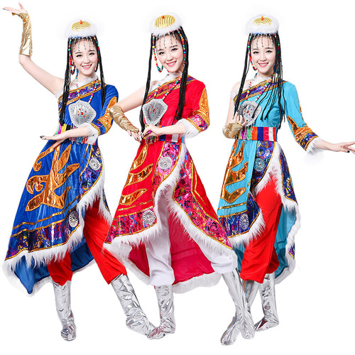 Tibetan Kangba Performance Dress Long Skirt Off-the-Shoulder Tibetan Robe Square Dance Ethnic Minority Tibetan Costume Tashi dele dance clothing