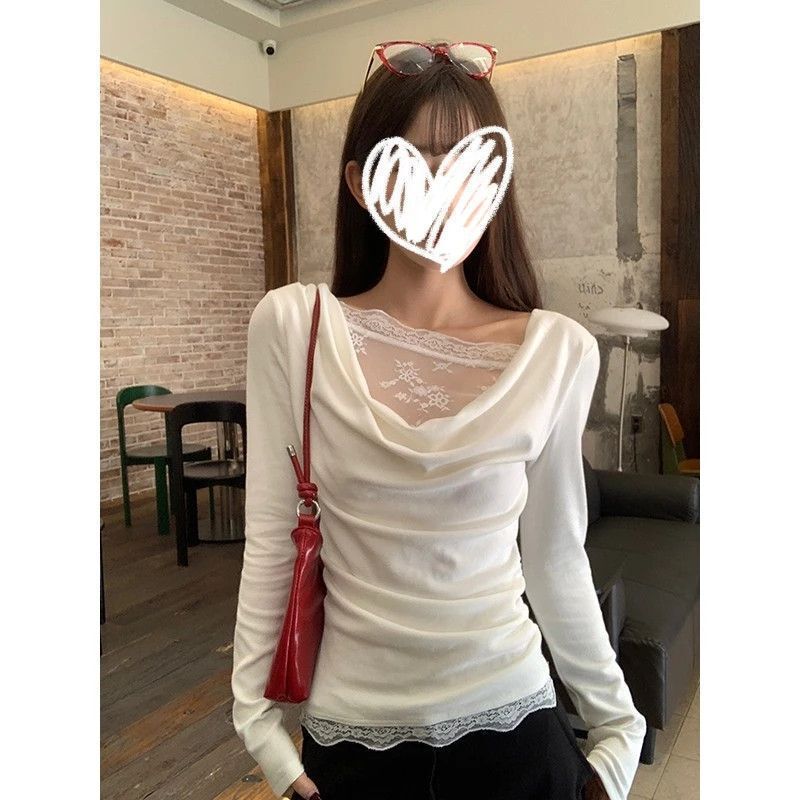 Off-Shoulder Top with Asymmetrical Neckline, Off-White Lace Trim, Long-Sleeve Shirt for Women, Spring Design with a Pure and Alluring Style, Fluttering Collar Top Off-Shoulder Top with Asymmetrical Neckline, Off-White Lace Trim, Long-Sleeve Shirt for Women, Spring Design with a Pure and Alluring Style, Fluttering Collar Top