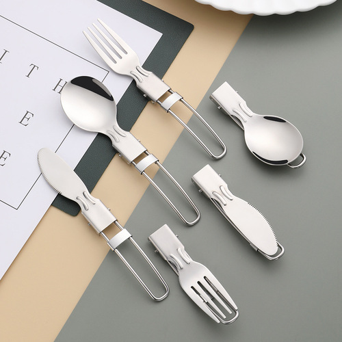 Wholesale new creative 304 stainless steel portable tableware set outdoor picnic barbecue steel wire folding knife, fork and spoon