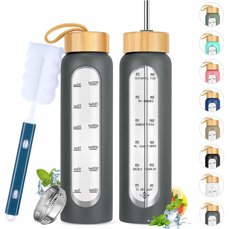 Taza de vidrio con tapa de bambú de gran capacidad transfronteriza, cuerda de elevación, cubierta de silicona portátil, taza de agua graduada, botella de agua deportiva de vidrio de alto valor
