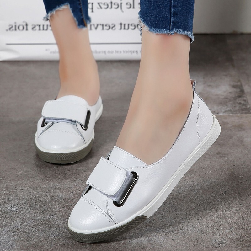 New Korean-Style Shallow-Mouthed Leather White Shoes for Women, Large Size Women's Single Shoes, Versatile Velcro Leather Student Sneakers New Korean-Style Shallow-Mouthed Leather White Shoes for Women, Large Size Women's Single Shoes, Versatile Velcro Leather Student Sneakers