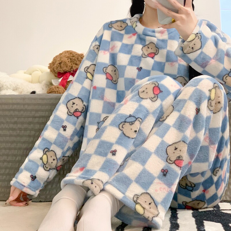Ins Style Fleece-Lined Thickeneded Coral Velvet Winter Pajamas for Women in Autumn and Winter Cute Student Home Clothes Set That Can Be Worn Outside