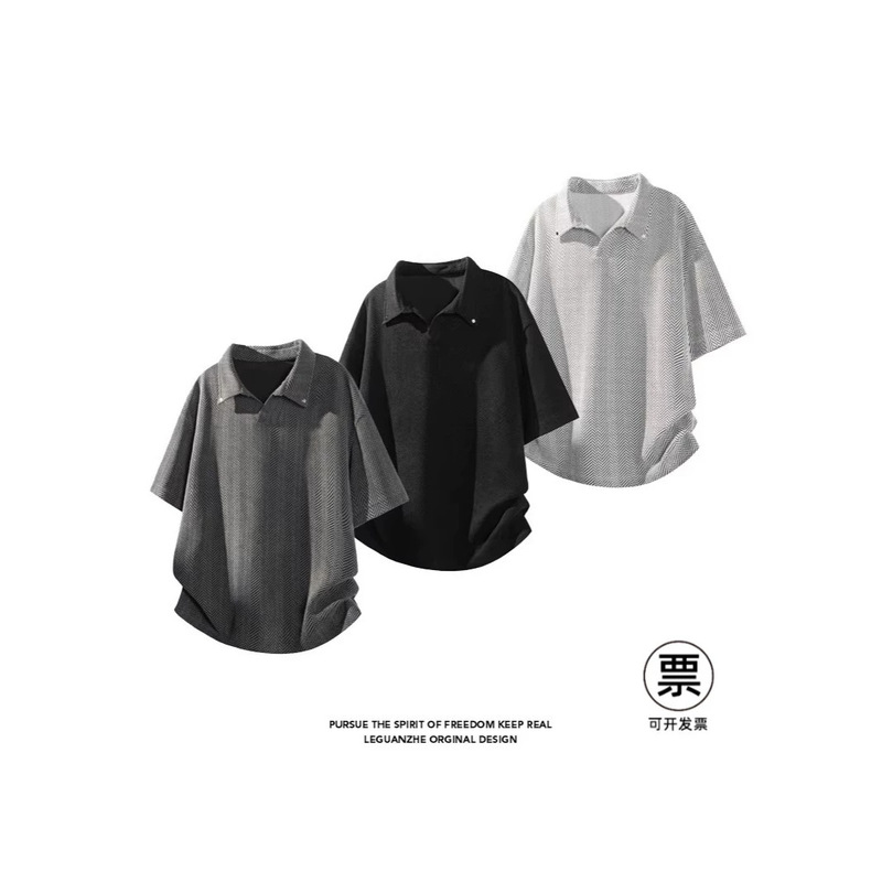 American Retro Fishbone Texture Short-Sleeved Polo Shirt Summer Men's Trendy Brand Large Size Lapel Top T-Shirt