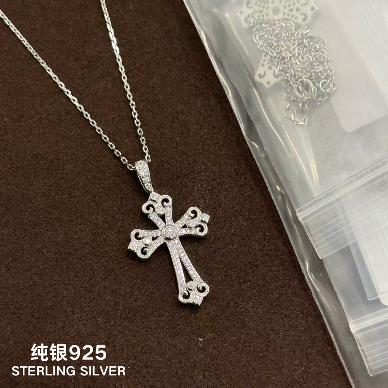 通体S925银欧美流行款十字架镂空项链宫廷风蕾丝钩花高级感轻奢