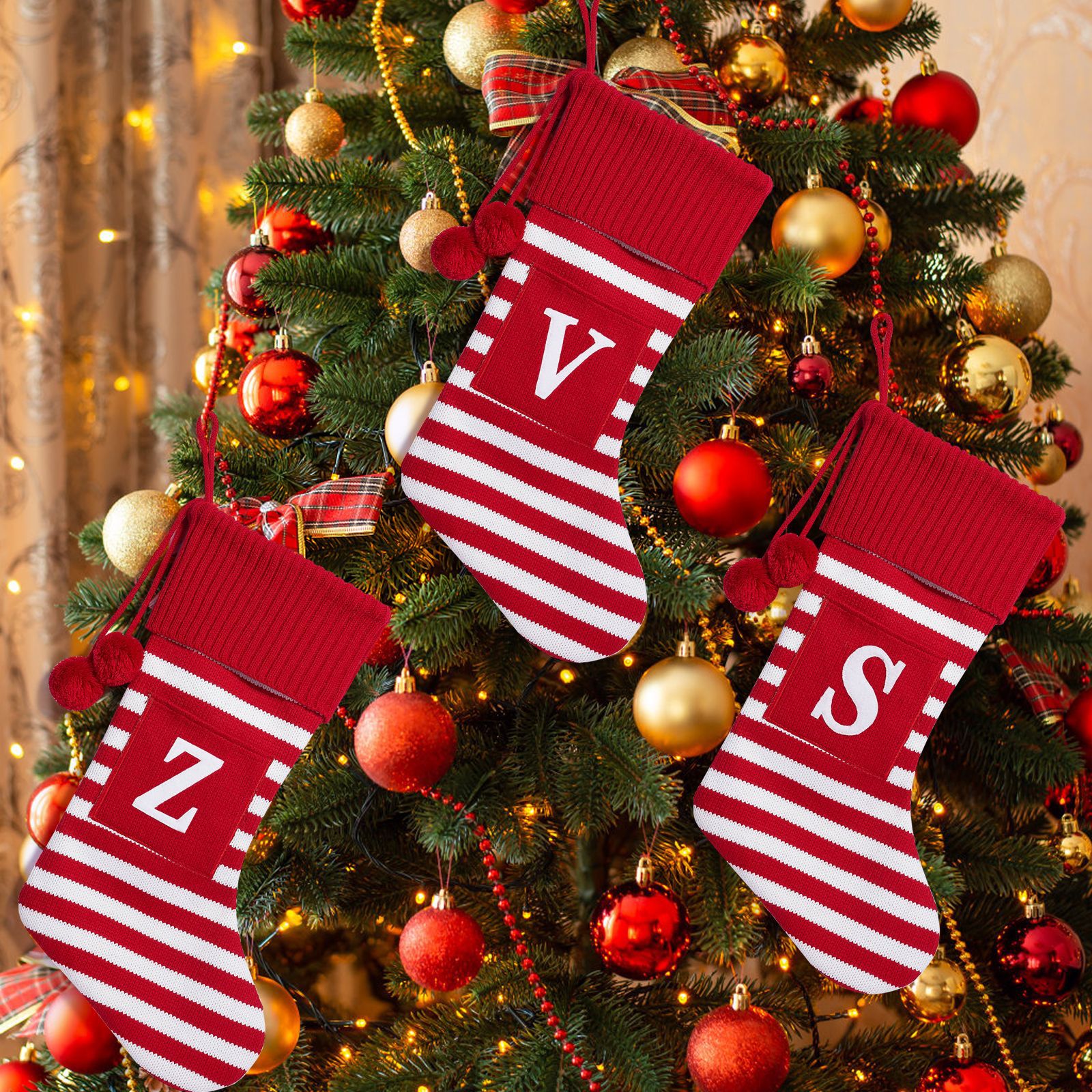 Navidad transfronteriza letras grandes calcetines de Navidad lindo rojo y verde rayas colgante de árbol de Navidad decoraciones navideñas creativas