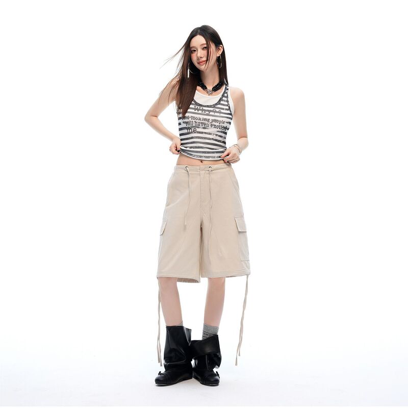 2026 Summer New Style American-Style Drawstring Multi-Pocket Cotton Workwear Cropped Casual Pants for Women Cargo