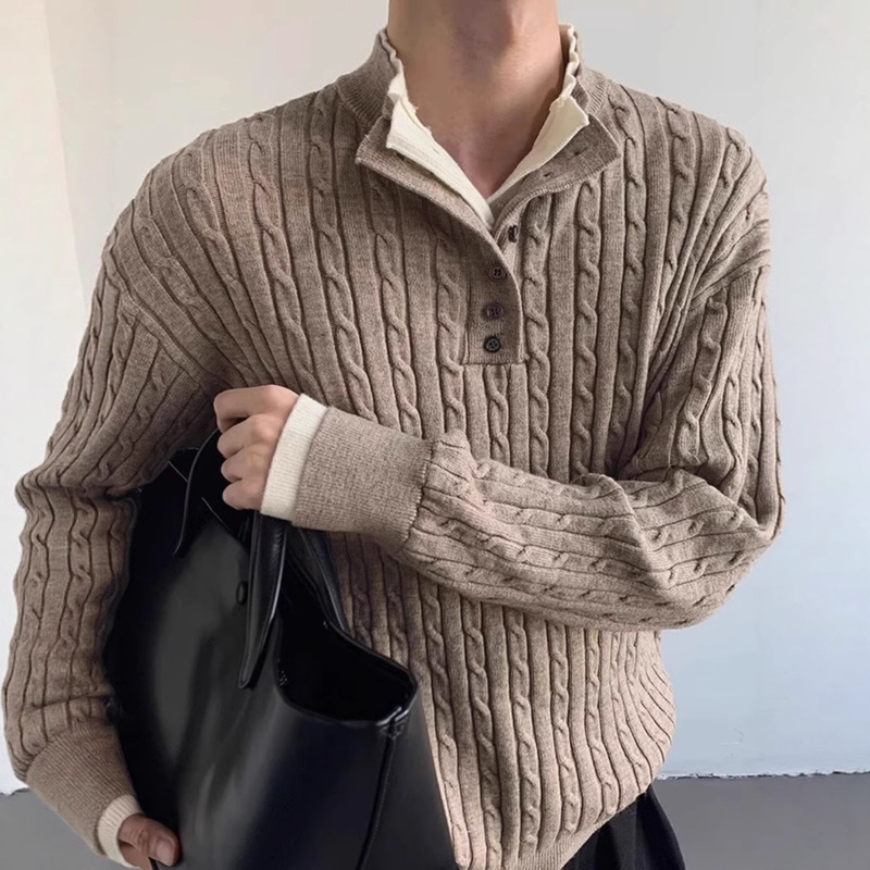 Oatmeal-Colored Thick Hemp Flower Fake Two-Piece Collar Knitted Top for Boys Old Money Style Lazy Style High-End Casual Long-Sleeved Sweater