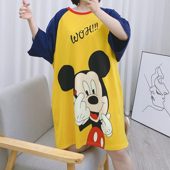 Camisón de las mujeres del verano Delgado manga corta nueva línea rojo estilo pijamas dibujos animados lindo señoras vestido flojo desgaste hogar