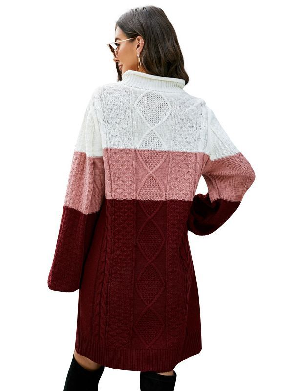Amazon popular Otoño e Invierno casual suelta cuello redondo suéter largo perezoso estilo contraste color manga larga suéter de punto vestido