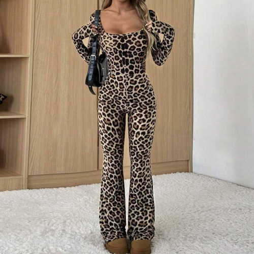 60015 Foreign Trade Cross-border Special Offer 2025 New Products Trendy Slim Hip-Close Square Collar Leopard Print Print European and American Jumpsuits