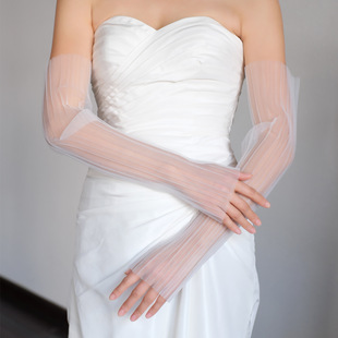 Wg166 Casual White Elegant Pleated Yarn Wedding Dress Fingerless Long Sleeves Bridal Wedding Dress Accessories Wholesale