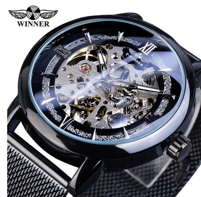 T-ganador nuevo estilo europeo y americano de moda de los hombres reloj mecánico automático reloj hueco-fuera transparente Fondo tallado literal