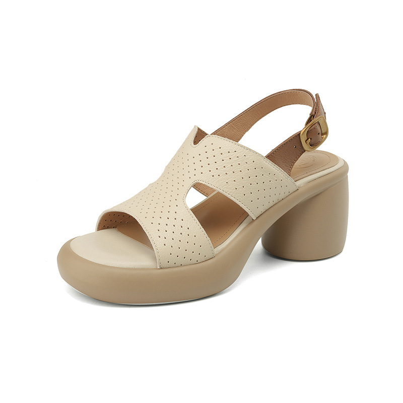 Sandal cao gót hở mũi nữ đế dày da cừu quai ngang đục lỗ — Màu trắng be