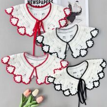 秋冬毛线绣花假领韩版百搭假衣领外搭镂空钩花针织毛衣小披肩装饰