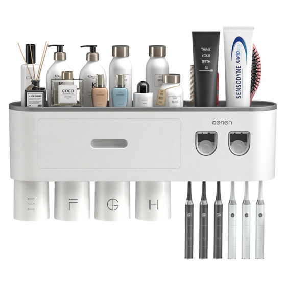 Storage Rack Double Squeeze Toothbrush Non-Drilling Gargle Brush Cup Set Toilet Storage Toothbrush Holder with Toothpaste Squeezer