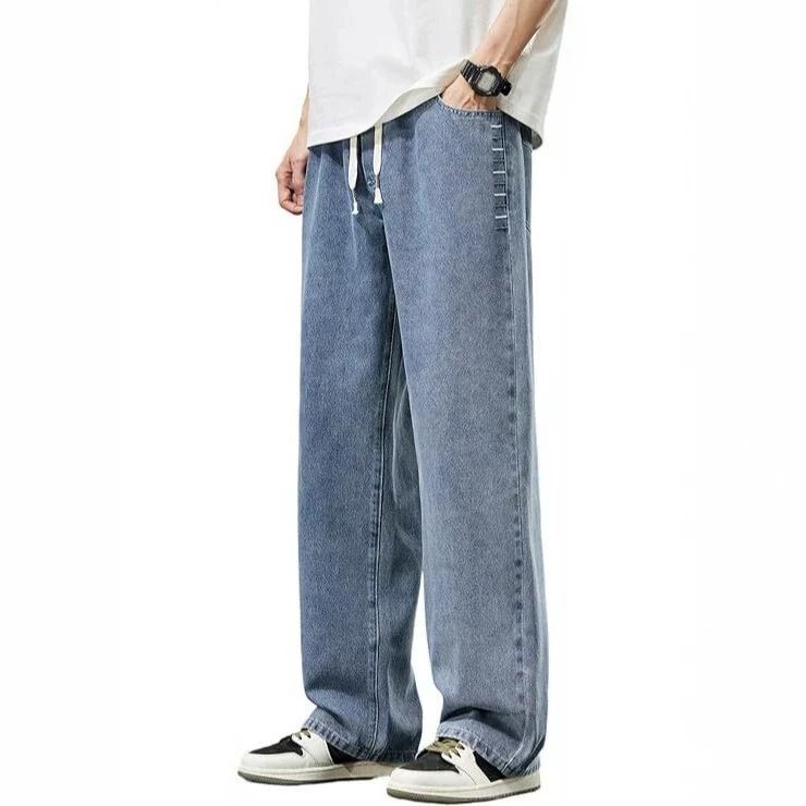 Men's Regular Fit Straight-Leg Loose Jeans with Drawstring Elastic Waist and Pockets