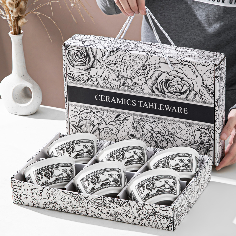 Ceramic Tableware and Bowl Set Gift Set Cross-Border Underglaze Color Bowl Set Black Rose Rice Bowl Bowl and Chopsticks Set White Porcelain Ceramic Tableware and Bowl Set Gift Set Cross-Border Underglaze Color Bowl Set Black Rose Rice Bowl Bowl and Chopsticks Set White Porcelain