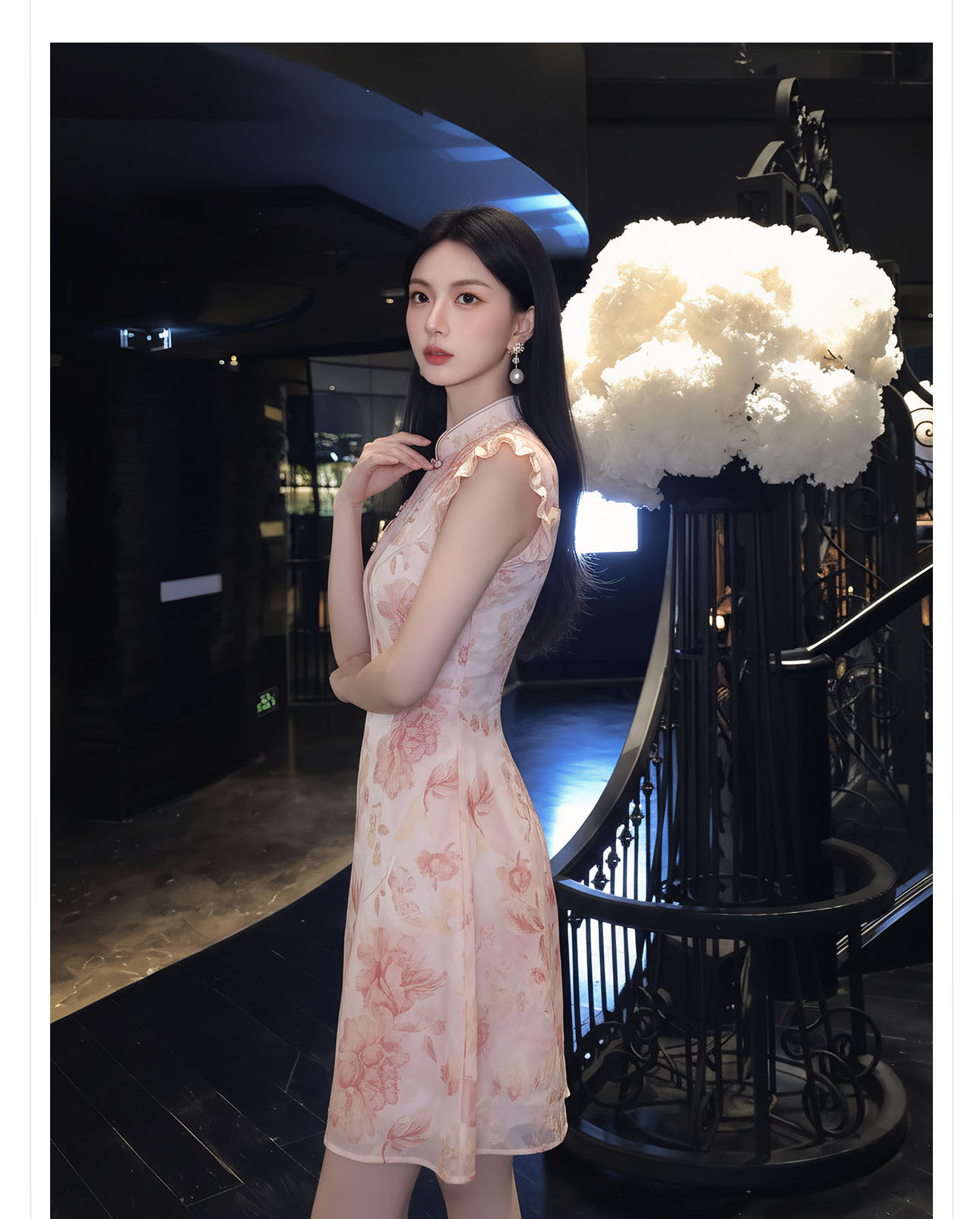 Đầm maxi nữ thắt eo họa tiết hoa nhí tay bèo phong cách Tân Trung Quốc — màu hồng chi tiết 5