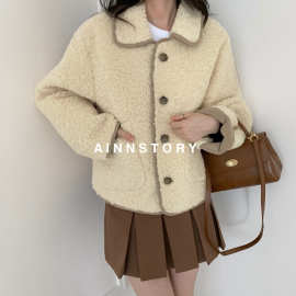 AINNSTORY韩国冬新款皮毛一体杏色羊羔毛外套短款小个子宽松加绒