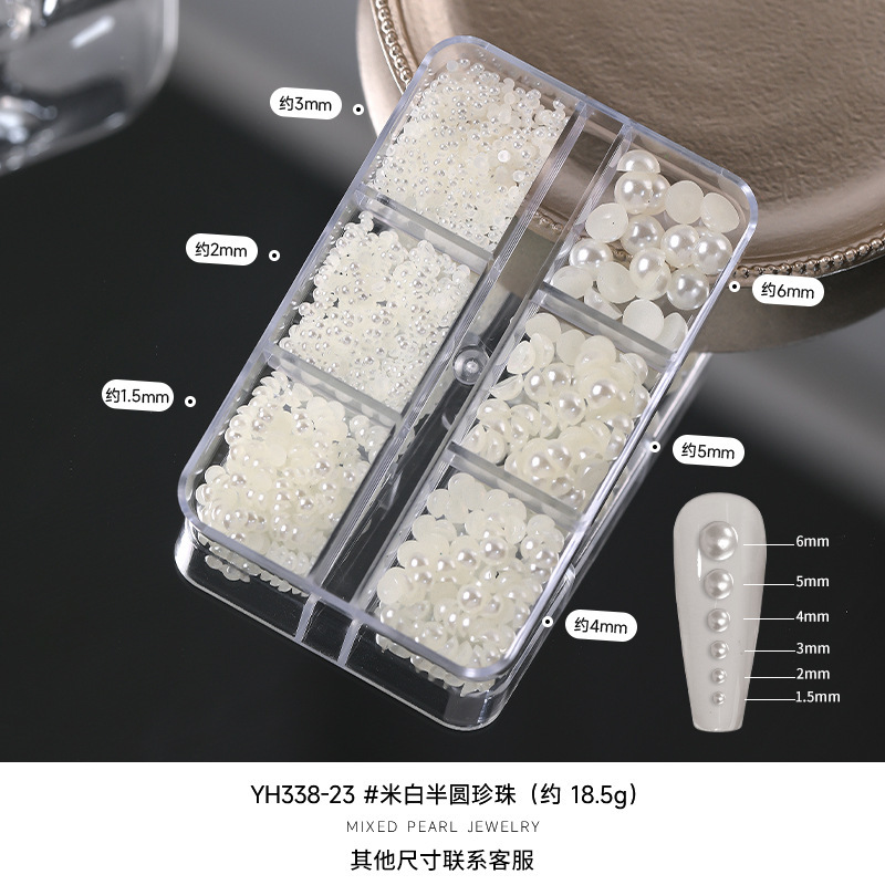 Joyas de manicuras de perlas brillantes redondas de tamaño mixto blanco puro, accesorios de uñas tridimensionales, perlas de perforación sin pelado